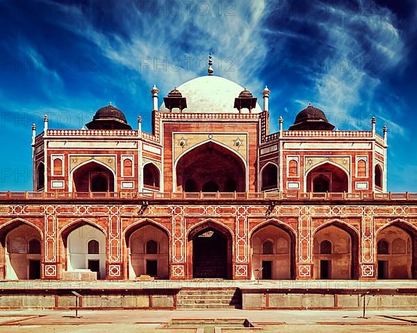 Vintage retro effect filtered hipster style image of famous tourist indian landmark Humayun's Tomb. Delhi