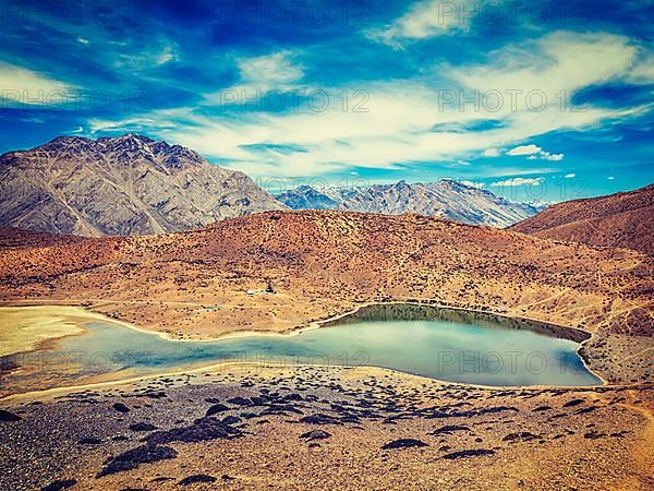 Vintage retro effect filtered hipster style image of Dhankar lake in Himalayas. Dhankar