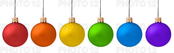 Several hanging Christmas baubles isolated on white background