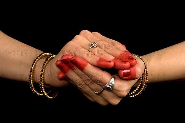 Woman hands showing Samputa hasta of indian classic dance Bharata Natyam