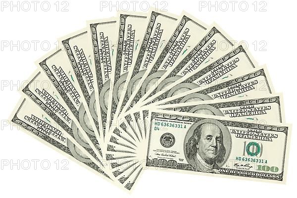 Hundreds of dollars spread on white background