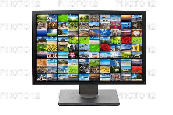 Modern LCD HDTV screen with image gallery isolated on white background