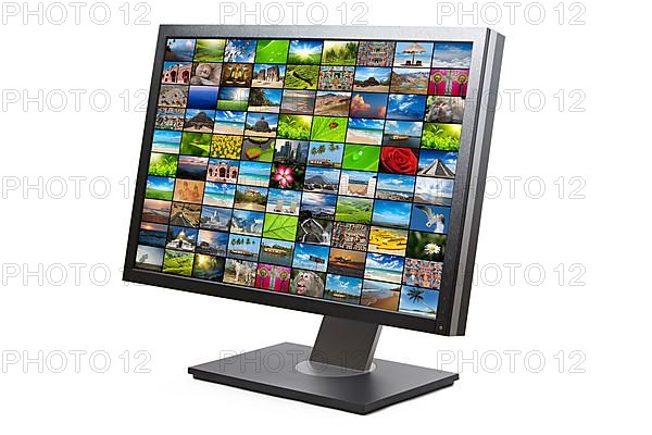 Modern LCD HDTV screen with image gallery isolated on white background