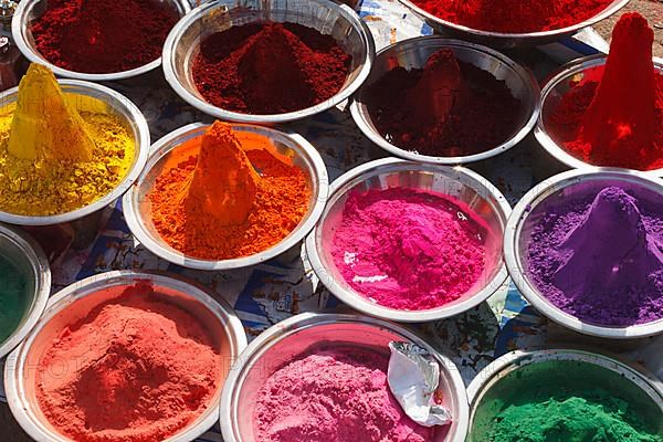 Colored colorful powder kumkum on Indian bazaar for holi festival celebration