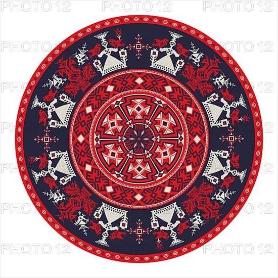 Vector round design element with traditional Russian embroidery symbols