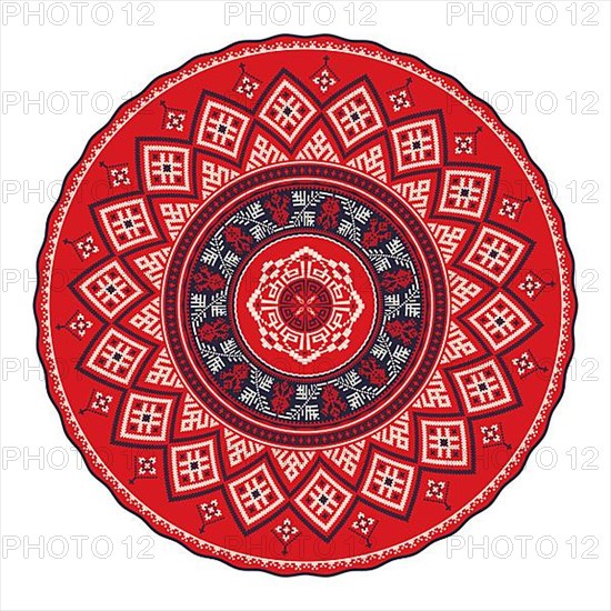 Vector round design element with traditional Russian embroidery symbols