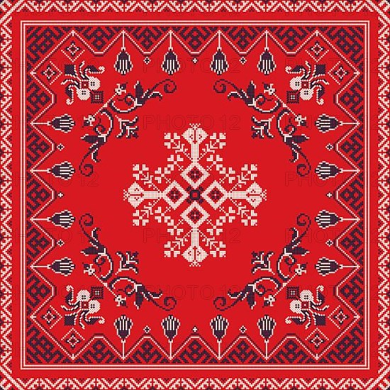 Decorative repeating pattern inspired by traditional Russian embroidery