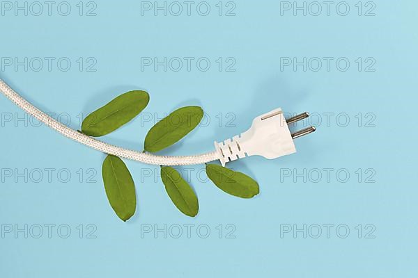 Renewable Energy concept with electric cord and plug with natural leaves on blue background