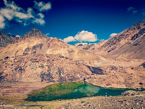 Vintage retro effect filtered hipster style image of Himalayan landscape in Himalayas along Manali-Leh highway. Himachal Pradesh