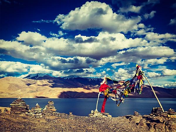 Buddhist prayer flags lungta at Himalayan lake Tso Moriri