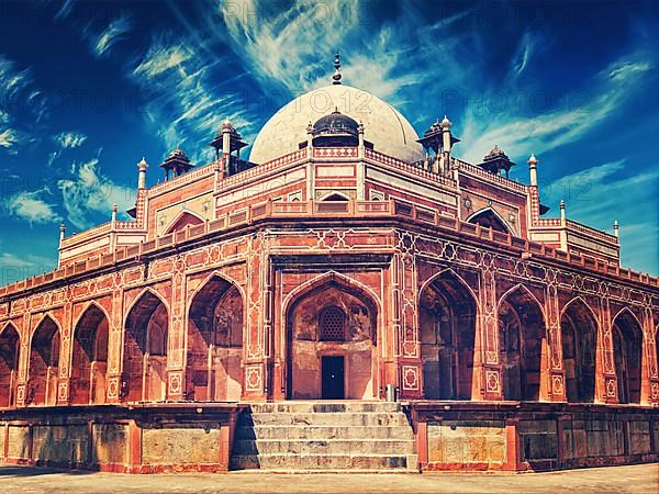 Vintage retro effect filtered hipster style image of famous tourist indian landmark Humayun's Tomb. Delhi