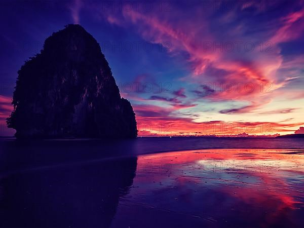 Vintage retro effect filtered hipster style image of tropical vacation holidays sunset resort beach. Pranang beach. Railay