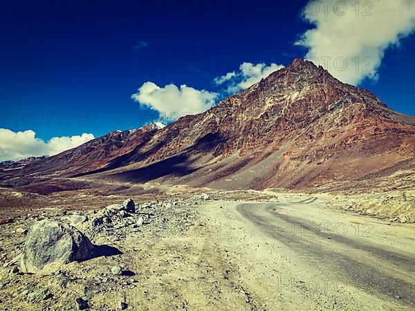 Vintage retro effect filtered hipster style image of Manali-Leh road to Ladakh in Indian Himalayas near Baralacha-La pass. Himachal Pradesh