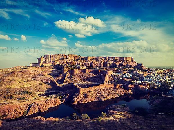 Vintage retro effect filtered hipster style image of Mehrangarh Fort famous indian tourist landmark