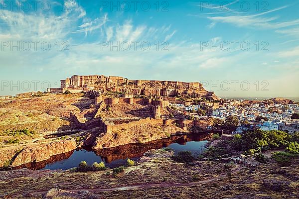 Vintage retro effect filtered hipster style image of Mehrangarh Fort famous indian tourist landmark