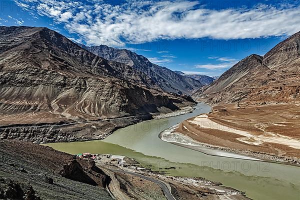 Confluence of Indus and Zanskar Rivers in Himalayas. Indus valley