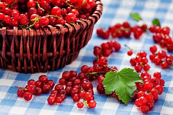 Redcurrant red currant berries in wicker bowl on kitchen table