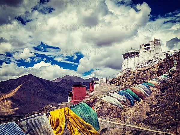 Vintage retro effect filtered hipster style image of Leh Tsemo fort and gompa and lungta