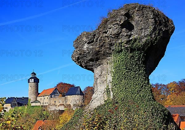 View over the mushroom-shaped Zschokke rock to Zwernitz Castle