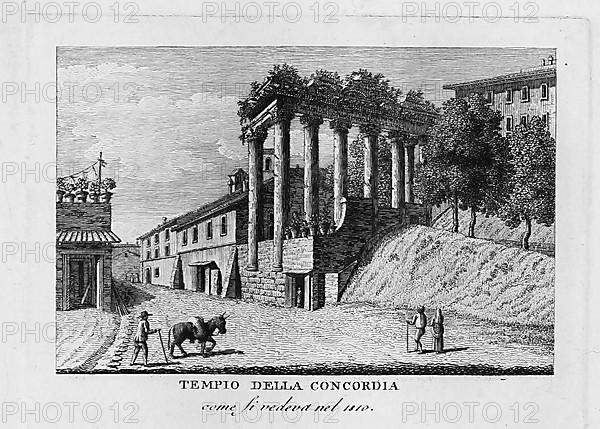 Temple of Concordia in Rome is located on the western narrow side of the Roman Forum next to the Temple of Vespasian