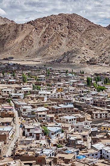 Aerial view of Leh town in Himalayas from above. Ladakh