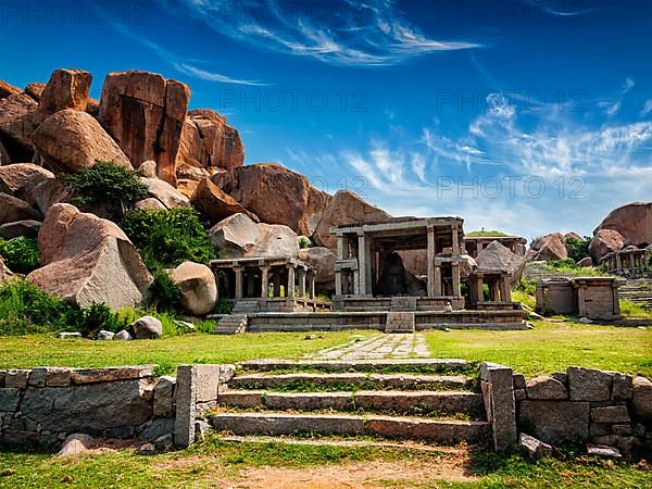 Tourist indian landmark Ancient ruins in Hampi. Hampi Bazaar