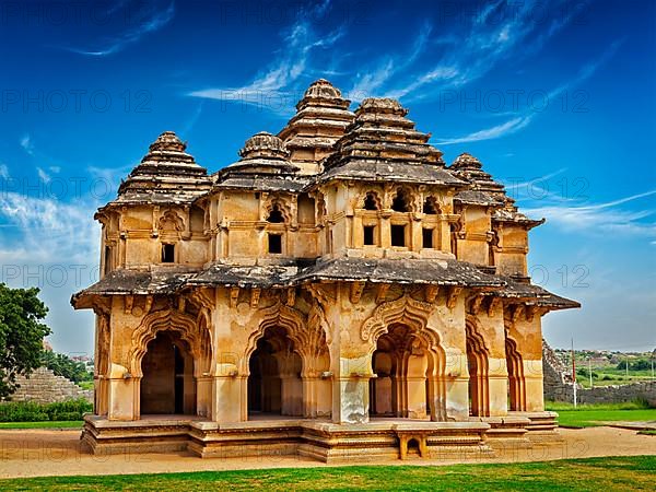 Indian tourist landmark Lotus Mahal pavilion. Royal Centre. Hampi