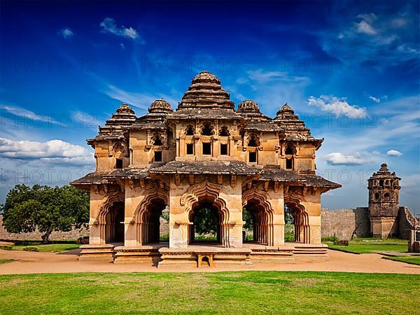 Indian tourist landmark Lotus Mahal pavilion. Royal Centre. Hampi