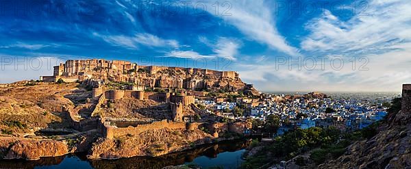 Panorama of Mehrangarh Fort and Padamsar Talab and Ranisar Talab lakes