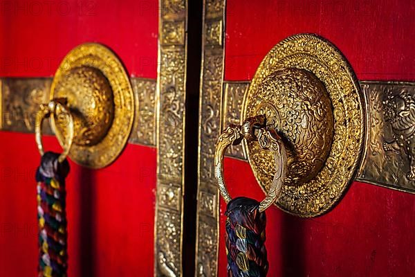 Decorated door handles of Kee gompa Tibetan Buddhist monastery. Ki