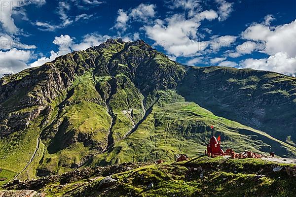 Small Hindu shrine on descend from Rohtang La pass to Lahaul valley. Himachal Pradesh