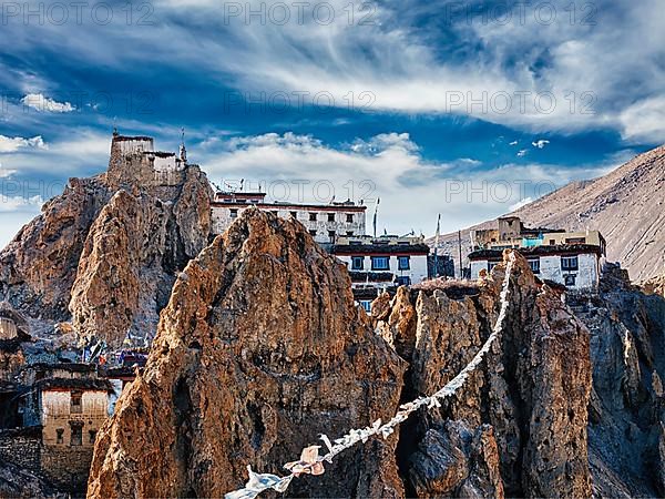 Dhankar gompa Tibetan Buddhist monastery and prayer flags lungta. Dhankar