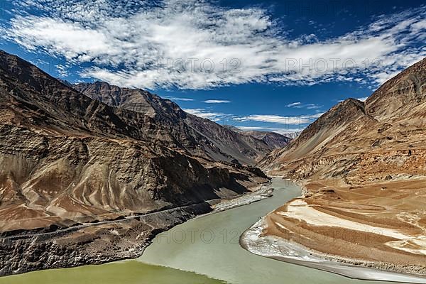 Confluence of Indus and Zanskar Rivers in Himalayas. Indus valley