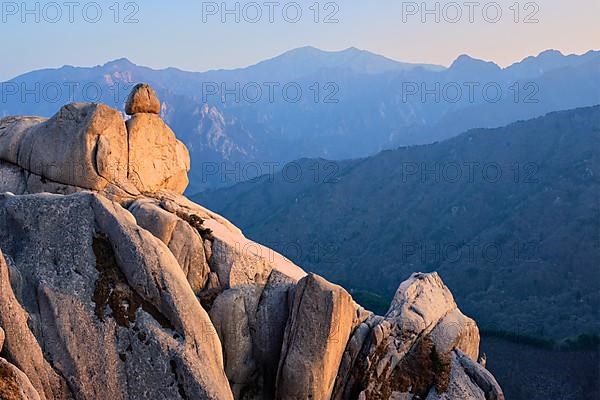 View of stones and rock formations from Ulsanbawi rock peak on sunset. Seoraksan National Park