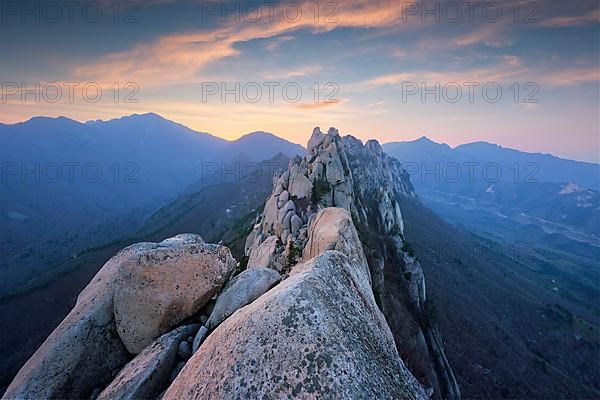 View of stones and rock formations from Ulsanbawi rock peak on sunset. Seoraksan National Park