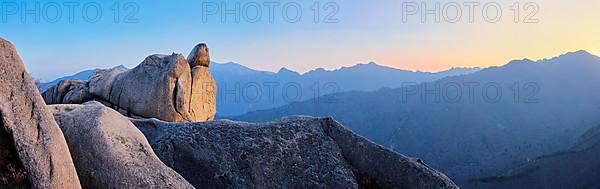 View of stones and rock formations from Ulsanbawi rock peak on sunset. Seoraksan National Park