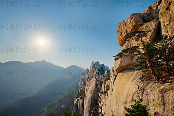 View of stones and rock formations from Ulsanbawi rock peak on sunset. Seoraksan National Park