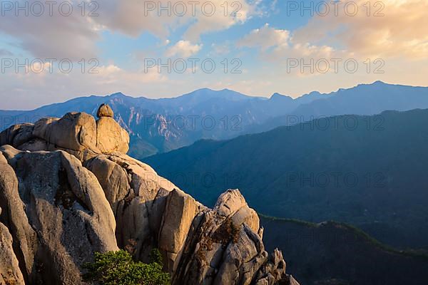 View of stones and rock formations from Ulsanbawi rock peak on sunset. Seoraksan National Park