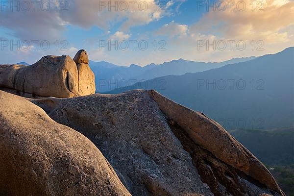 View of stones and rock formations from Ulsanbawi rock peak on sunset. Seoraksan National Park