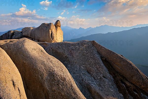 View of stones and rock formations from Ulsanbawi rock peak on sunset. Seoraksan National Park