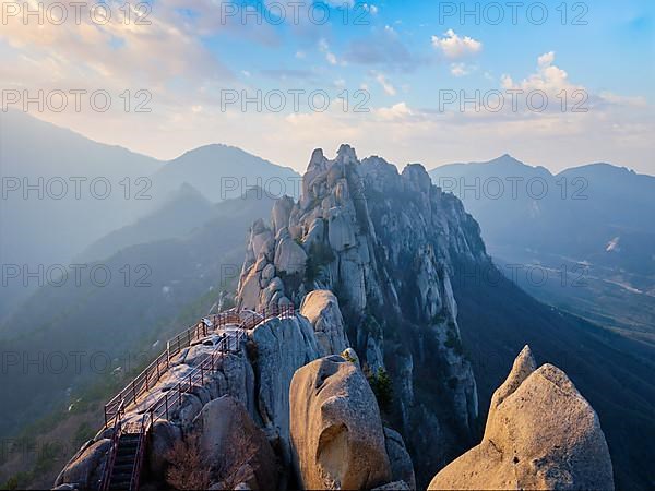 View of stones and rock formations from Ulsanbawi rock peak on sunset. Seoraksan National Park