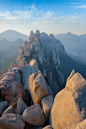 View of stones and rock formations from Ulsanbawi rock peak on sunset. Seoraksan National Park