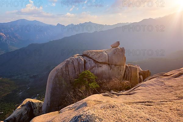 View of stones and rock formations from Ulsanbawi rock peak on sunset. Seoraksan National Park