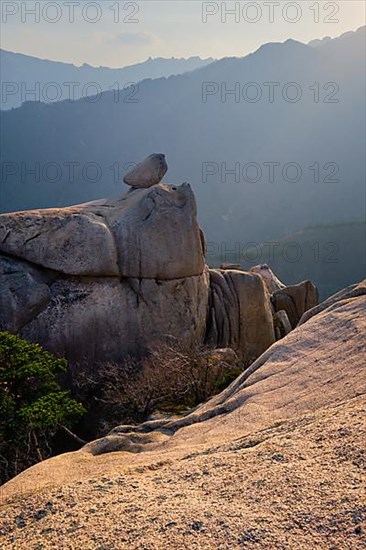 View of stones and rock formations from Ulsanbawi rock peak on sunset. Seoraksan National Park