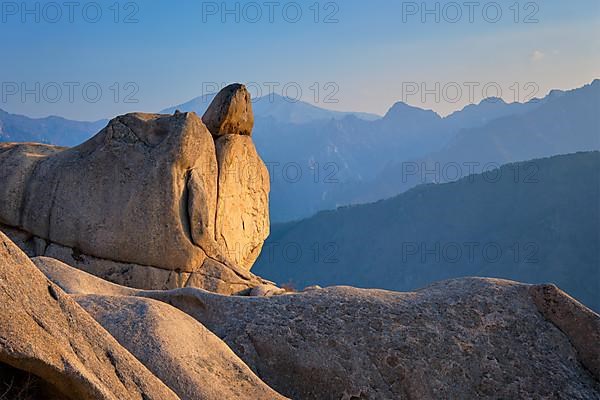 View of stones and rock formations from Ulsanbawi rock peak on sunset. Seoraksan National Park