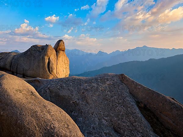 View of stones and rock formations from Ulsanbawi rock peak on sunset. Seoraksan National Park