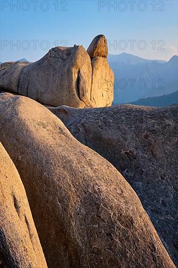 View of stones and rock formations from Ulsanbawi rock peak on sunset. Seoraksan National Park