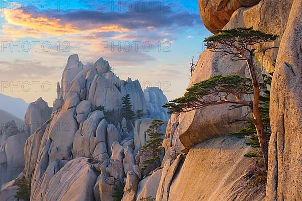 View of stones and rock formations from Ulsanbawi rock peak on sunset. Seoraksan National Park