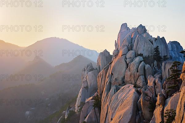 View of stones and rock formations from Ulsanbawi rock peak on sunset. Seoraksan National Park