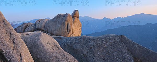 View of stones and rock formations from Ulsanbawi rock peak on sunset. Seoraksan National Park